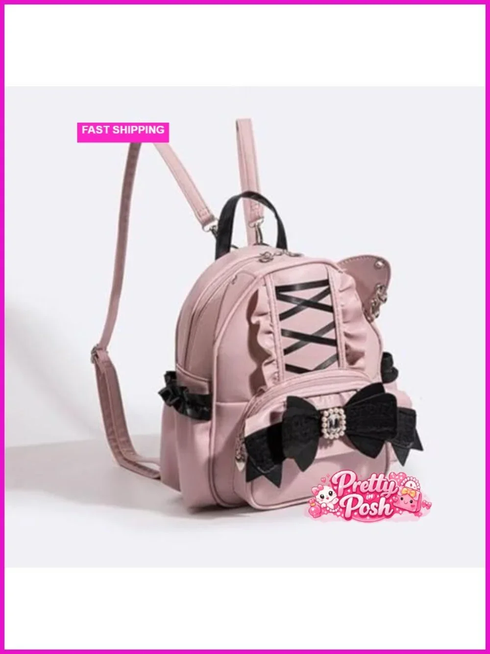 Mini Faux Leather Backpack with Bow Accent and Cat Ears Kawaii Daypack
